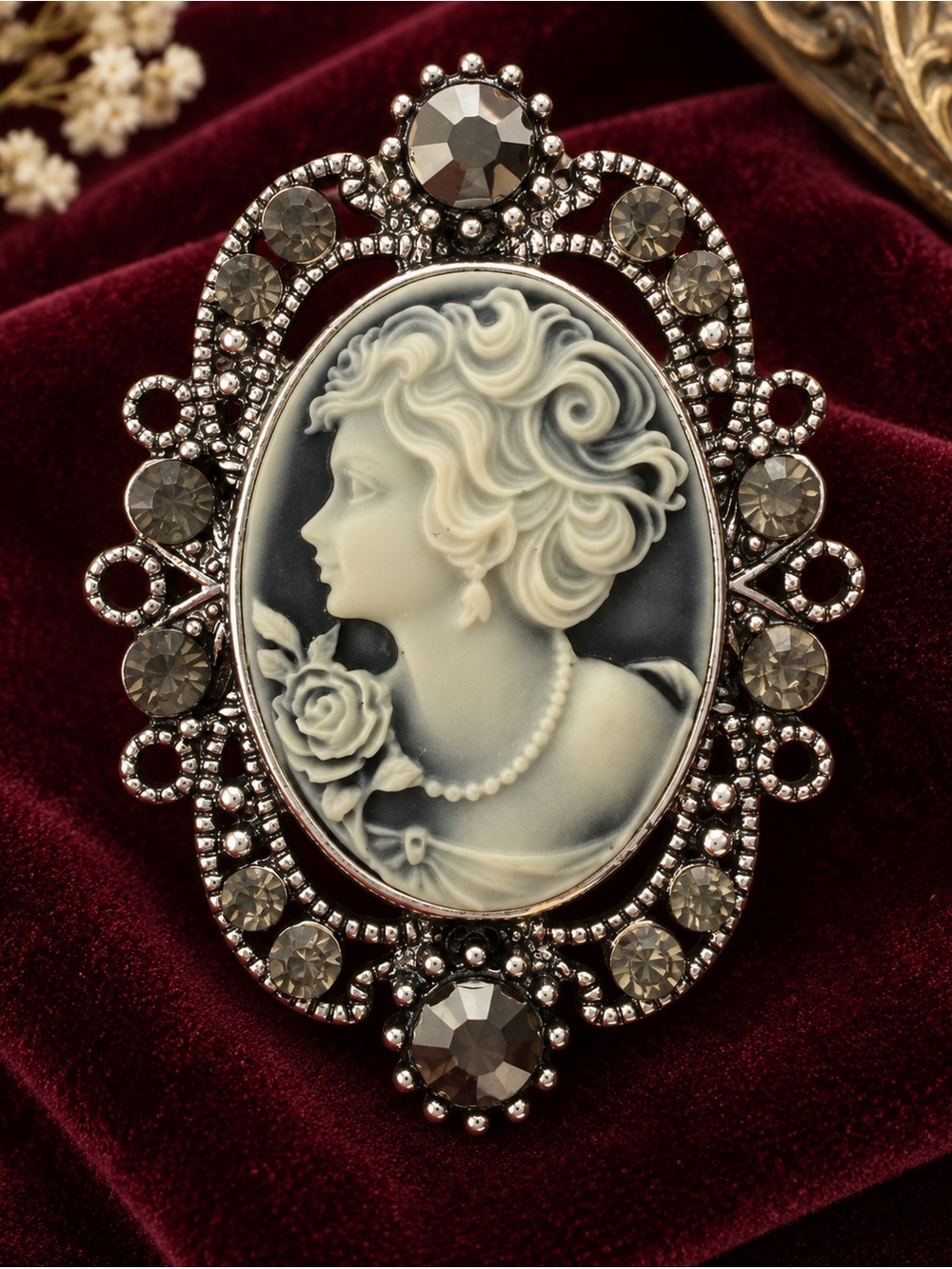 Ornate Victorian Style Cameo Brooch Silver Tone Rhinestone Statement Pin